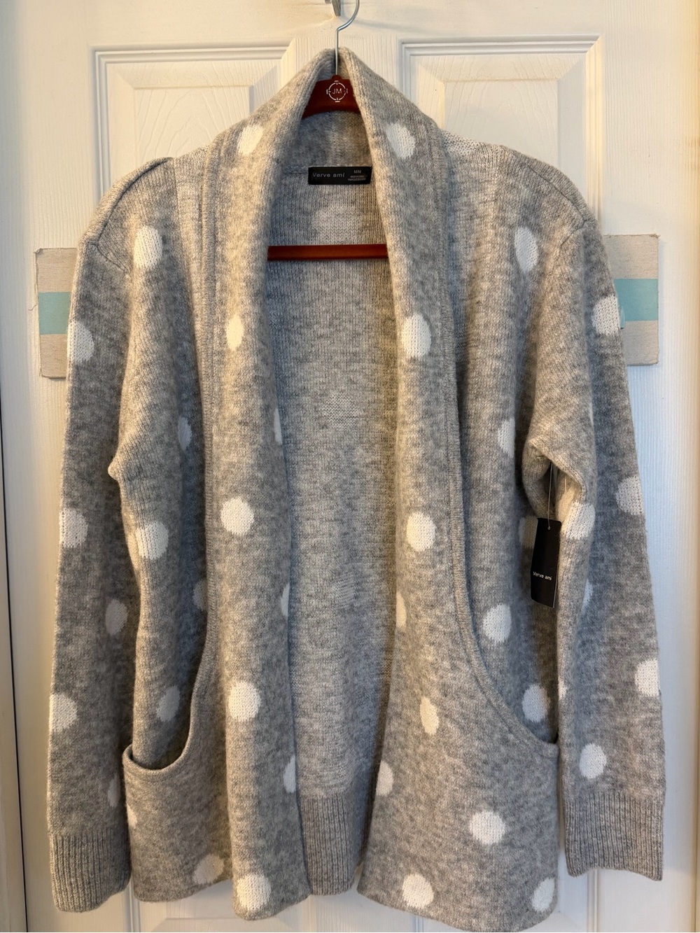 Verve Ami Gray Polkadot Cardigan Style Sweater Sz M NWT